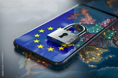 padlock and an EU flag inside a smart phone and an EU map