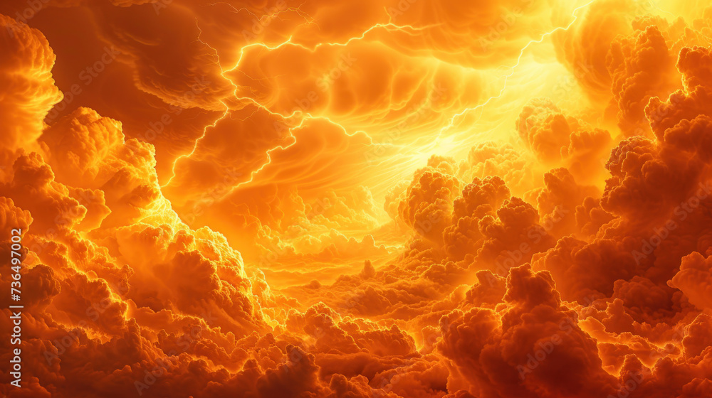 Fiery clouds and lightnings, unreal scary flight Fiery clouds and lightnings, unreal scary flight