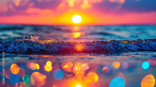 Sea wave close-up, beautiful sunset