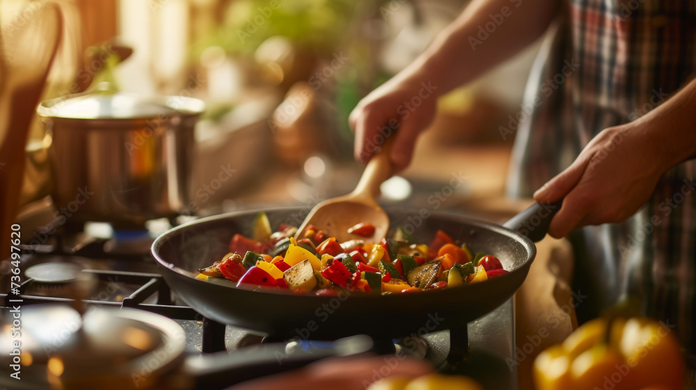 A person is cooking a stir fry with colorful vegetables in a wok on a stove, using a wooden spatula. A person is cooking a stir fry with colorful vegetables in a wok on a stove, using a wooden spatula.