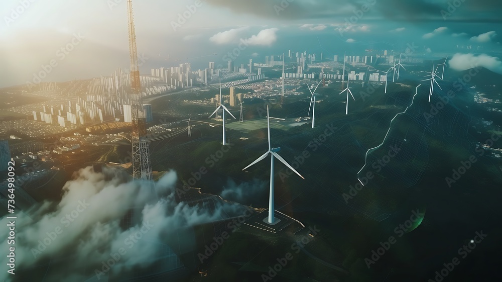 Integração de turbinas eólicas em paisagem urbana ao amanhecer - obrazy, fototapety, plakaty 