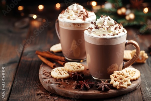 Indulge in a cozy indoor treat as two steaming cups of hot chocolate topped with whipped cream and cookies sit on a table surrounded by dairy-inspired serveware and drinkware, creating a delicious ca
