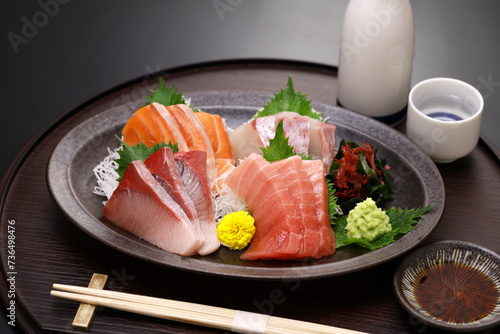 assorted sashimi; tuna(medium fatty), salmon, yellowtail, and sea bream. authentic Japanese dining.
