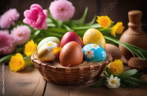 Easter, colorful painted eggs decorated with ornaments and patterns, eggs in a wicker basket, spring flowers, wooden background