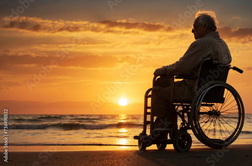 Elderly disabled sad caucasian man in wheelchair alone on the beach watching the ocean at sunset. Aging, care and mental health of the elderly. Backlight, silhouette, side view with copy space