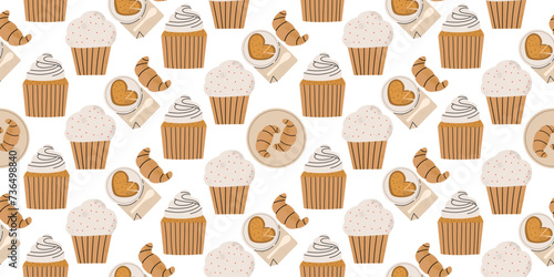 Bakery seamless pattern. Sweet food. Vector illustration in hand draw style.