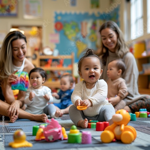 A family of smiling adults sit on the floor with a group of playful toddlers, surrounded by toys and a kindergarten table, creating a heartwarming scene of love and joy