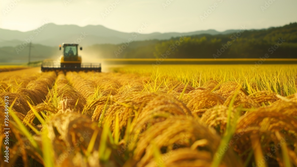 Fototapeta premium Golden Harvest Time in Fields - A harvester working through golden rice fields at sunset