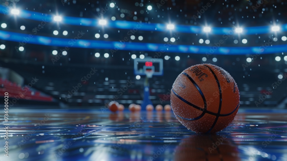 Close-up of a basketball on a glossy court floor with arena lights reflecting beautifully. Close-up of a basketball on a glossy court floor with arena lights reflecting beautifully.