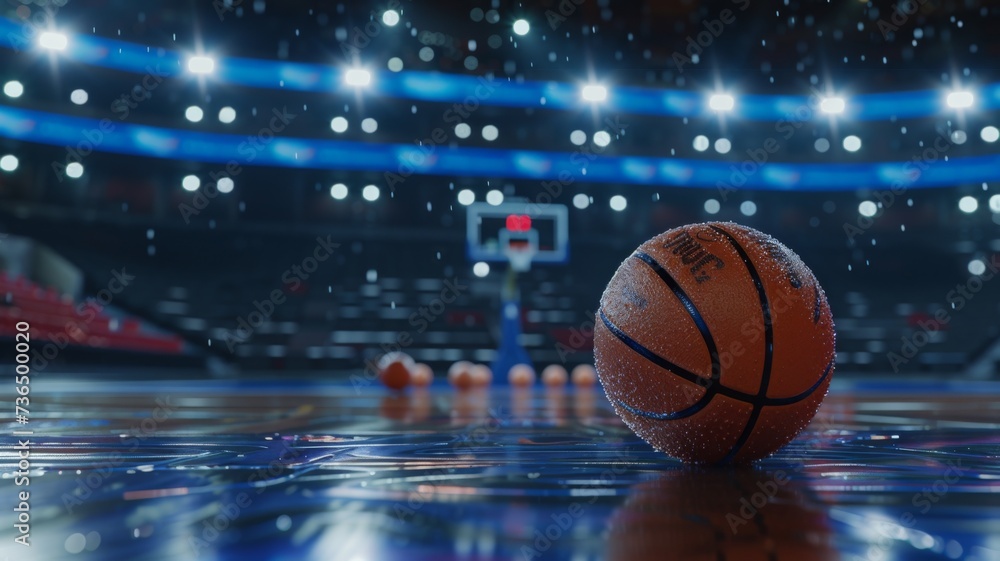 Close-up of a basketball on a glossy court floor with arena lights reflecting beautifully.