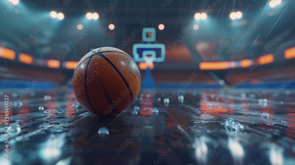 Obraz premium Wet Basketball on Indoor Court with Hoop - Close-up of a wet basketball on a shiny court floor, with the hoop in the background under arena lights.