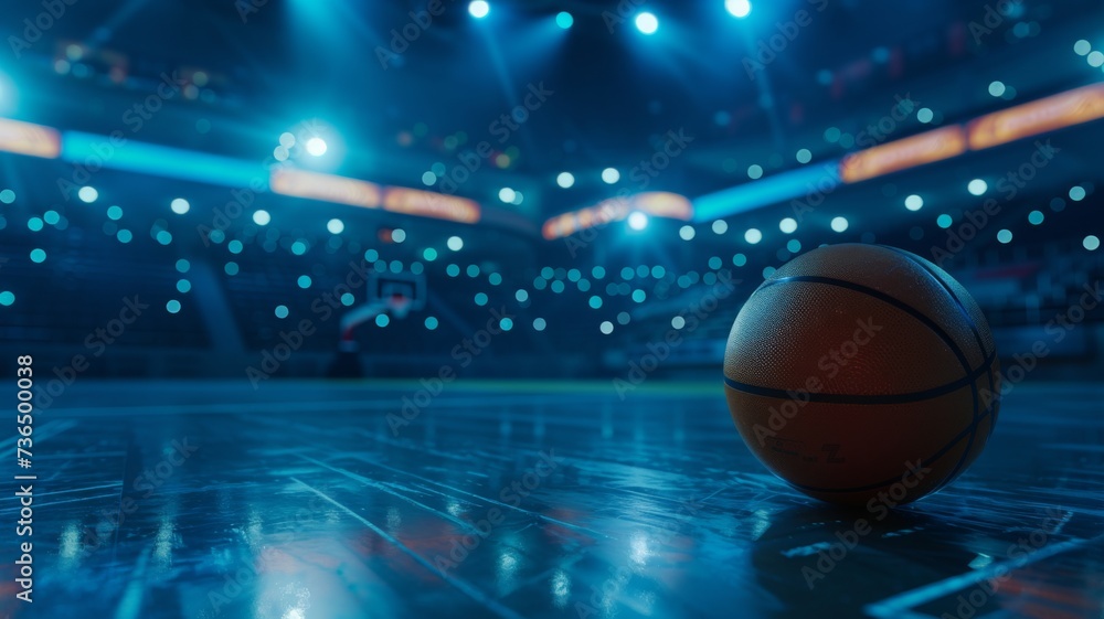 Obraz premium Basketball on Shiny Court Floor with Arena Lights - Basketball on a shiny court with the glow of arena lights reflecting on the surface in an empty stadium.
