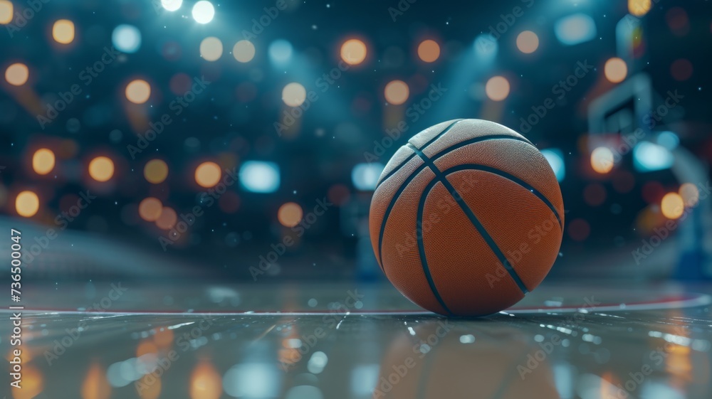Basketball on Glossy Court with Bokeh Light Effects - A basketball sits on a reflective court with a captivating bokeh light effect from the arena's ceiling.