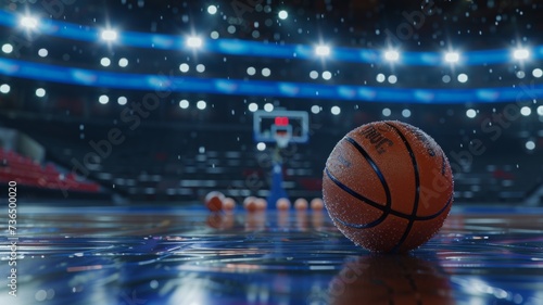 Close-up of a basketball on a glossy court floor with arena lights reflecting beautifully.