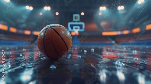 Wet Basketball on Indoor Court with Hoop - Close-up of a wet basketball on a shiny court floor, with the hoop in the background under arena lights.