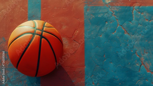Vibrant Basketball on Textured Court - Close-up of an orange basketball on a cracked blue and red court, symbolizing urban sports and active lifestyle