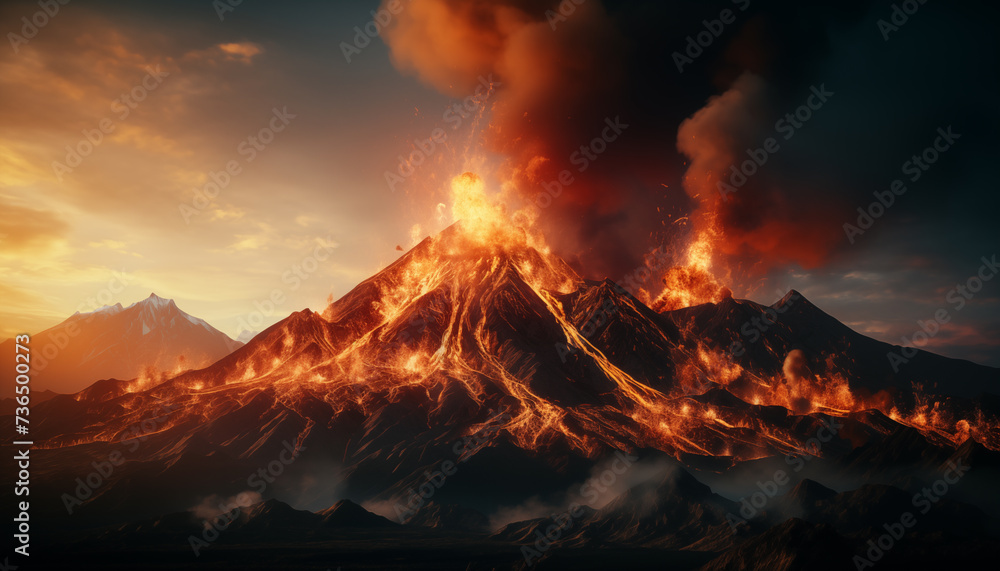 eruption. fiery lava erupts from a volcano with fire.