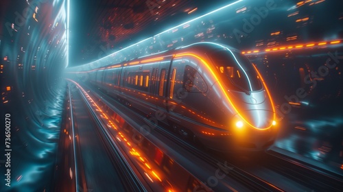 An electric blue train with automotive lighting illuminates the tunnel as it speeds through the night, creating a futuristic atmosphere