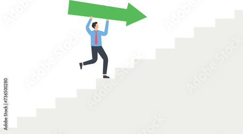 Businessman walks on a stair with an arrow, Forward looking and business strategy concept, 