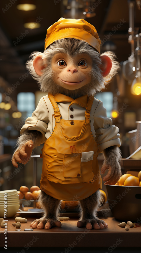 Anthropomorphic Monkey Dressed as Man Standing in Front of Fruit-Filled Table. Generative AI