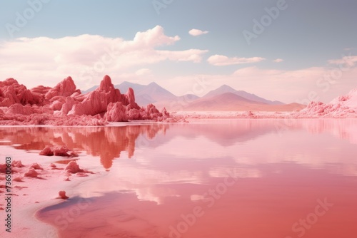 Pink salt lake. Nature travel. Generate Ai