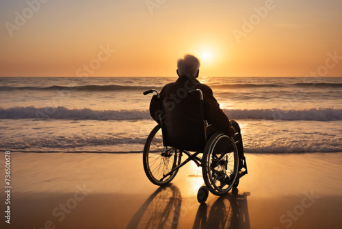 Back view of thoughtful elderly disabled man in wheelchair alone on the beach watching the ocean at sunset. Aging, wellbeing and mental health of the elderly. Backlight, silhouette, copy space