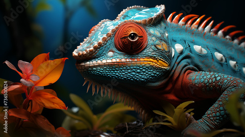 Vibrant chameleon perches on a bed of flowers, blending in with its surroundings. Generative AI