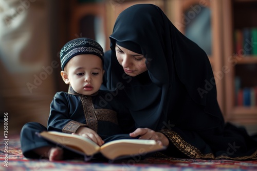 muslim mother teaching lessons to her son
