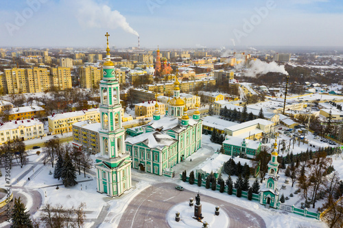 Winter view from a drone of the Spaso-Preobrazhensky Cathedral in the city center and residential areas in ..Tambov, Russia photo