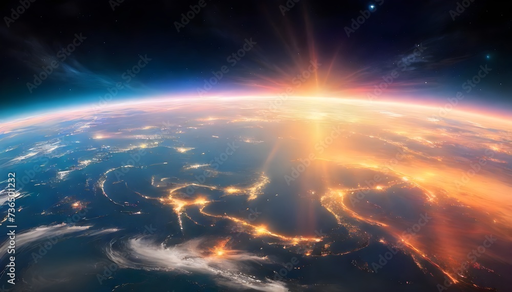 A sunrise over Earth's horizon with city lights visible on the night side of the planet