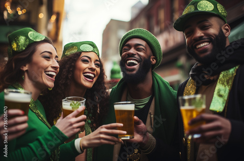 Gruppe von Personen feiert in einer Bar den St Patrick's day, Grüne Klamotten, Bier und Party