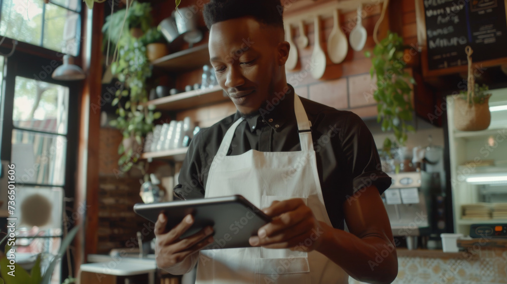 A male cafe worker is using a tablet with a smile inside a well-lit coffee shop, surrounded by various coffee shop elements. A male cafe worker is using a tablet with a smile inside a well-lit coffee shop, surrounded by various coffee shop elements.