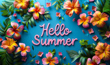 Bright Hello Summer script amidst a lively arrangement of tropical flowers and leaves on a refreshing aqua background, welcoming the warm season