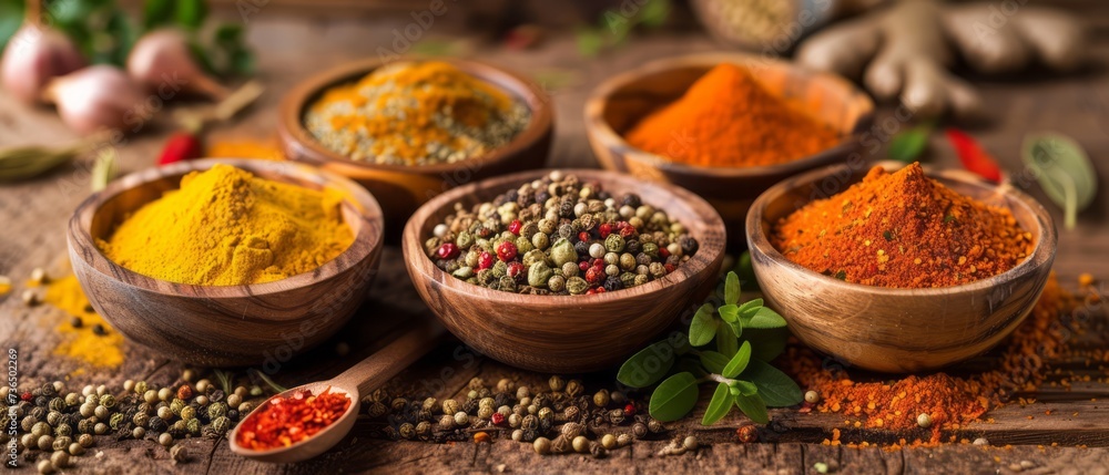 Collection of exotic spices on a wooden table Collection of exotic spices on a wooden table