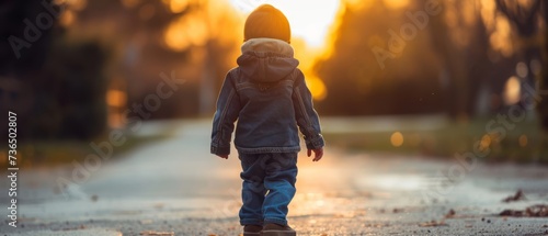 Autumn mood: a child on a walk in an autumn city in a light rain