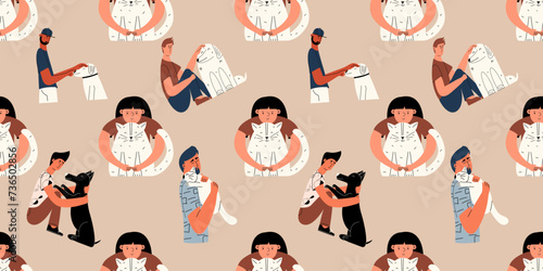 Vector seamless pattern with people and pets. Caring for pets, cats and dogs. Vector hand draw illustration for print,  typography, background, web.