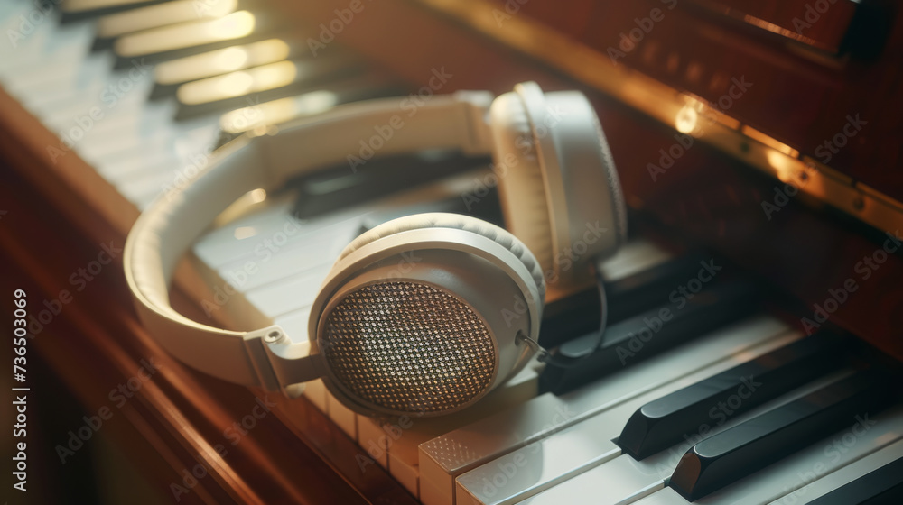 A pair of high-quality headphones rests on the keys of a piano, symbolizing the fusion of modern listening technology with classical musical instruments. A pair of high-quality headphones rests on the keys of a piano, symbolizing the fusion of modern listening technology with classical musical instruments.