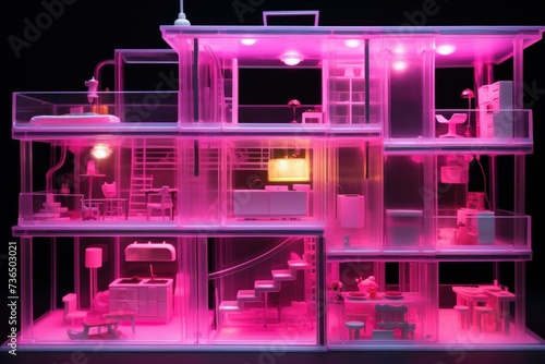 Vibrant Pink neon doll house. Modern design. Generate Ai
