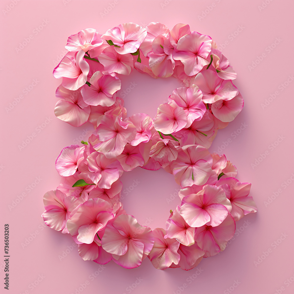 Pink floral number 8 on a pink background for Women's Day celebrations or feminine themed designs.