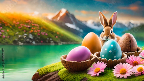Páscoa, coelho de pascoa cercado por ovos de pascoa colorido com paisagem ao fundo, tendência photo
