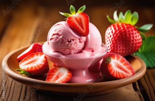 strawberry ice cream balls, ice cream with fresh berries, berry sweet dessert, summer refreshing dessert on a wooden table