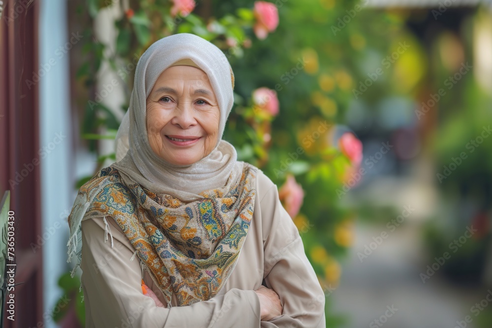 smiling mature woman puts on hijab with a scarf on her head smiling mature woman puts on hijab with a scarf on her head