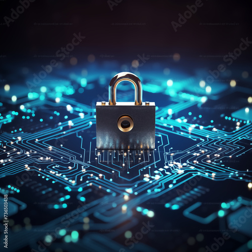 Digitale Sicherheit, Konzept Cyber Security, Sicherheit am Laptop und im Internet, Netzwerksicherheit, Schloss mit Schaltkreisen photo