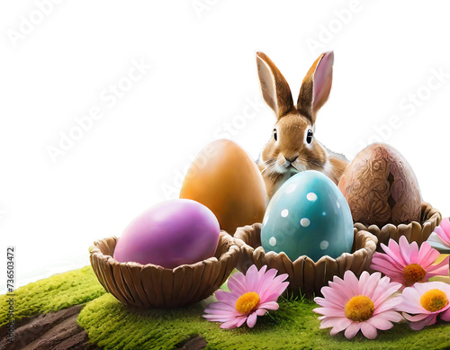 Páscoa, coelho de pascoa cercado por ovos de pascoa colorido com paisagem ao fundo, tendência photo