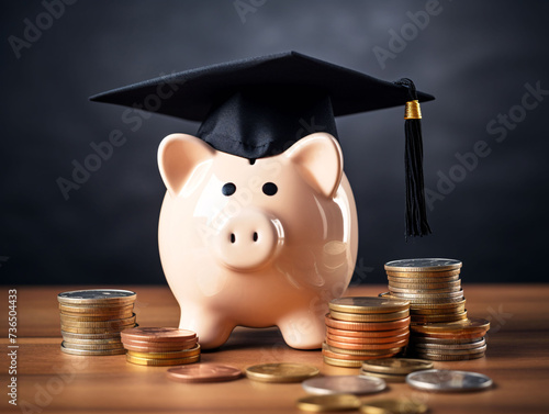 Piggy in graduation hat on coins. Savings for education investment and scholarship concept.