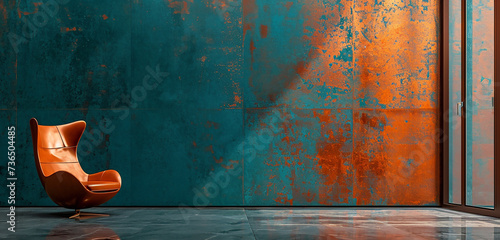 A wall featuring a metallic copper finish against a bright, cobalt blue abstract background, exuding modern vibrancy