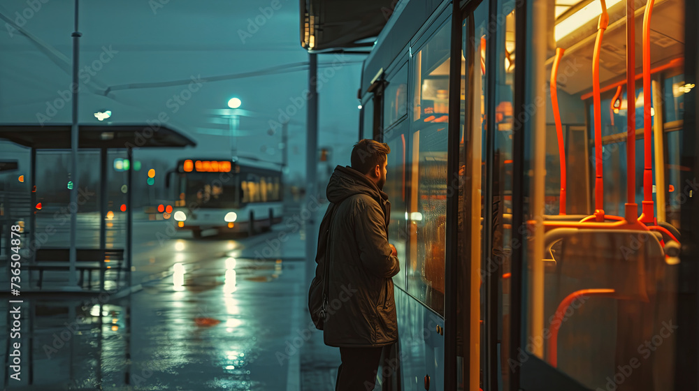 Loneliness concept, lonely man waiting for a bus at the bus station Loneliness concept, lonely man waiting for a bus at the bus station