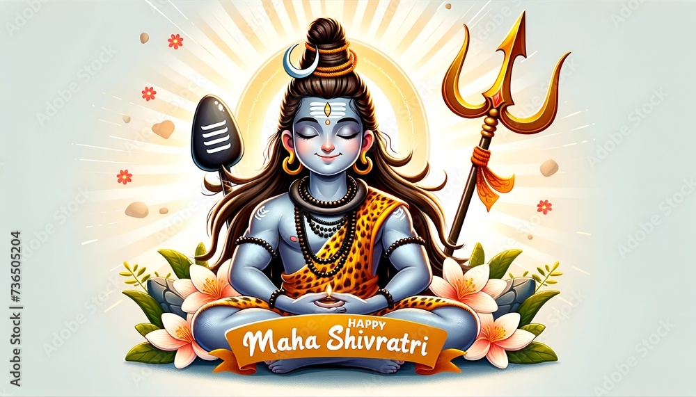 Cartoon illustration for maha shivratri with a lord shiva sitting in a meditative pose.