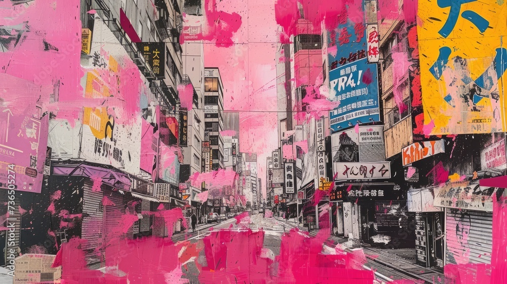 Generative AI, retro grunge pink and yellow collage poster with asian cityscape, different mixed textures Generative AI, retro grunge pink and yellow collage poster with asian cityscape, different mixed textures