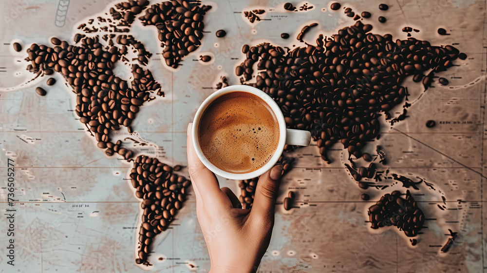 Naklejka premium A cup of coffee with scattered coffee beans in the form of a world map on a dark table